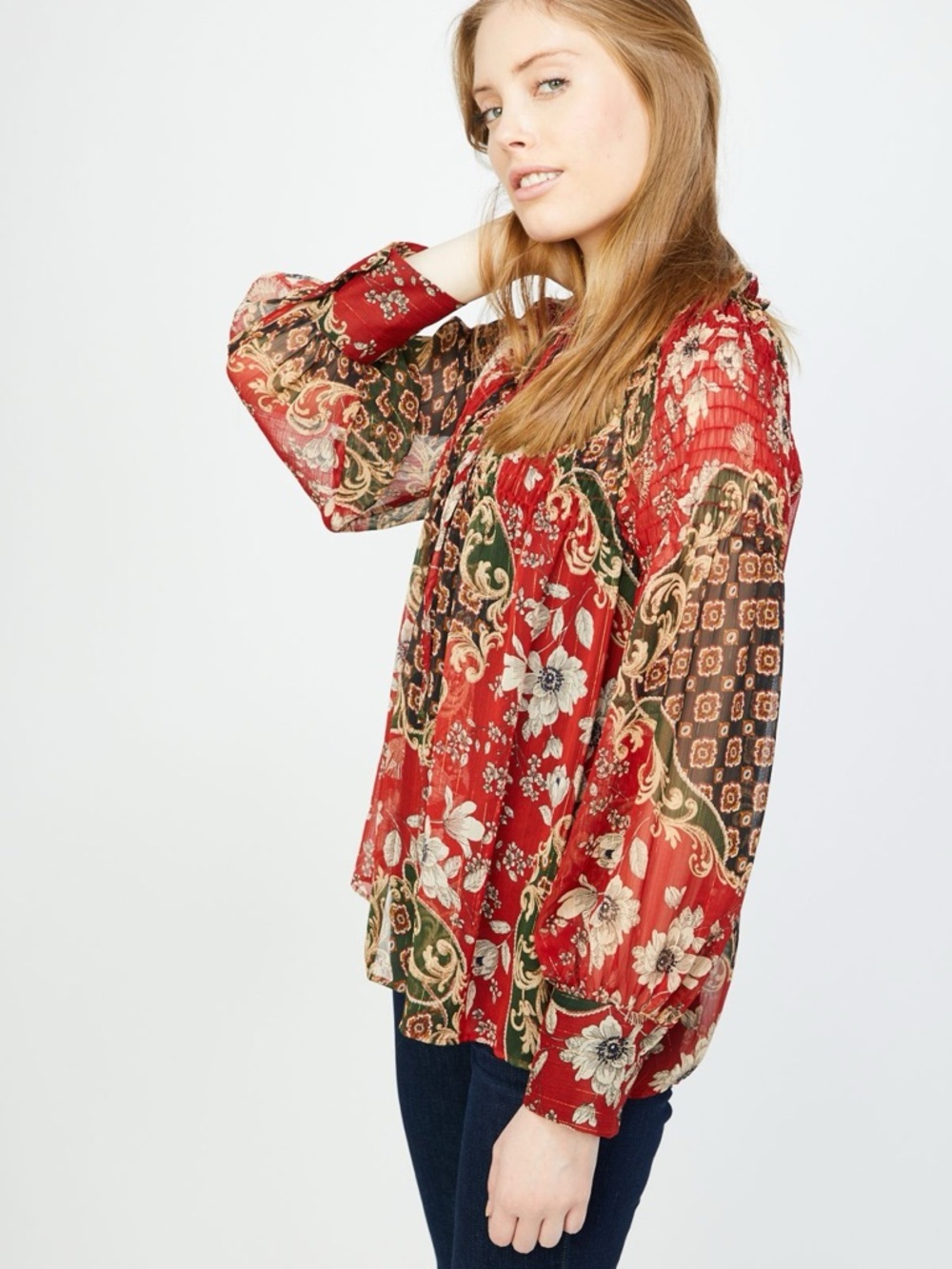 Zara Boho Patchwork Metallic Thread Smocked Blouse - Red Multi Size XS